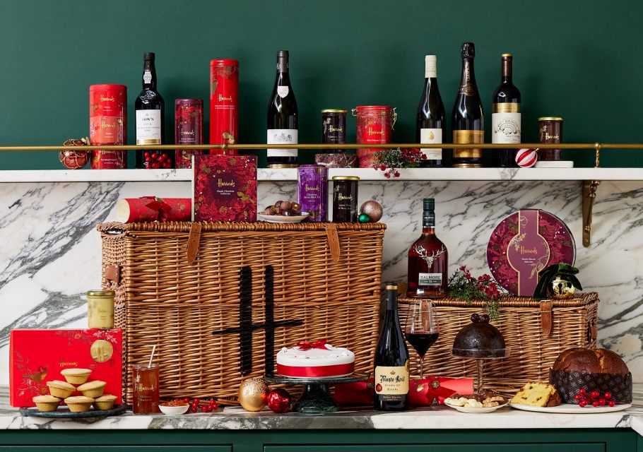 The image shows a luxury Harrods Xmas hamper, one of the prizes offered in their raffle supporting the Mental Health and Wellbeing Awareness Network charity 