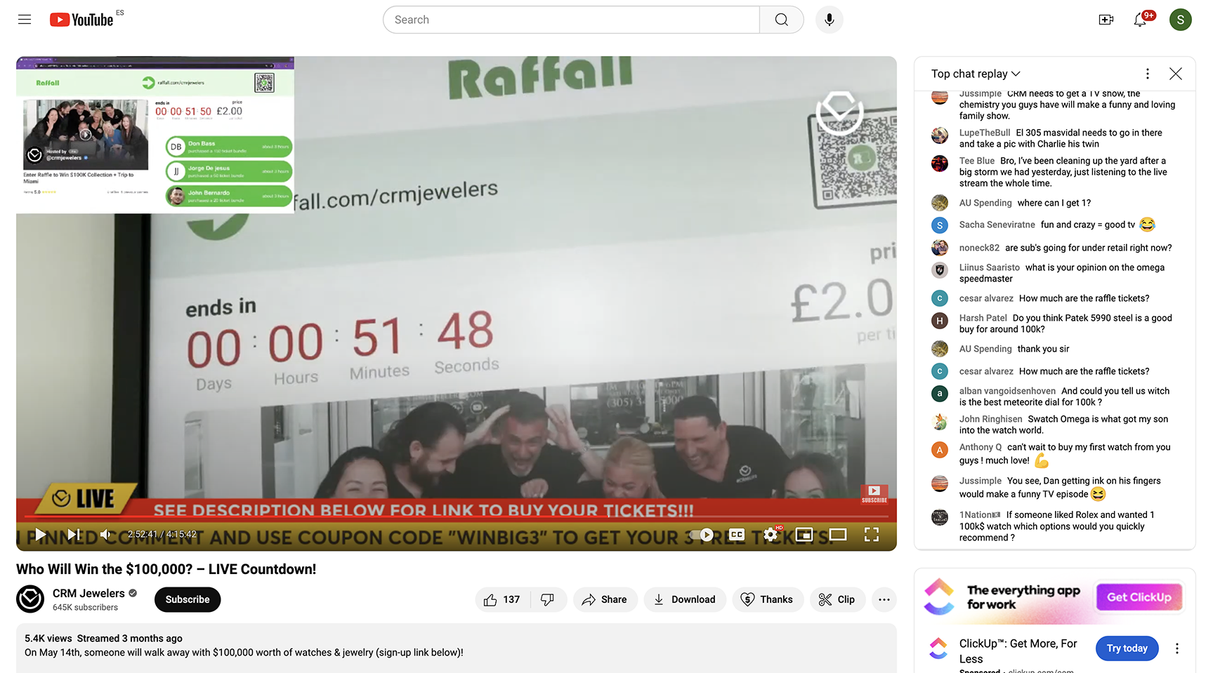 Image of CRM Jewelers live streaming their raffle/prize competition on YouTube. The YouTube interface shows a high level of viewer engagement. The live chat is filled with comments, likes, and emojis, indicating enthusiastic participation from the audience. The screen also displays real-time ticket purchases