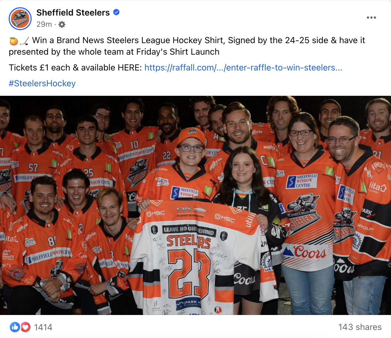 The image shows a facebook post promoting a raffle to win a match worn jersey in a Sheffield Steelers ice hockey raffle 