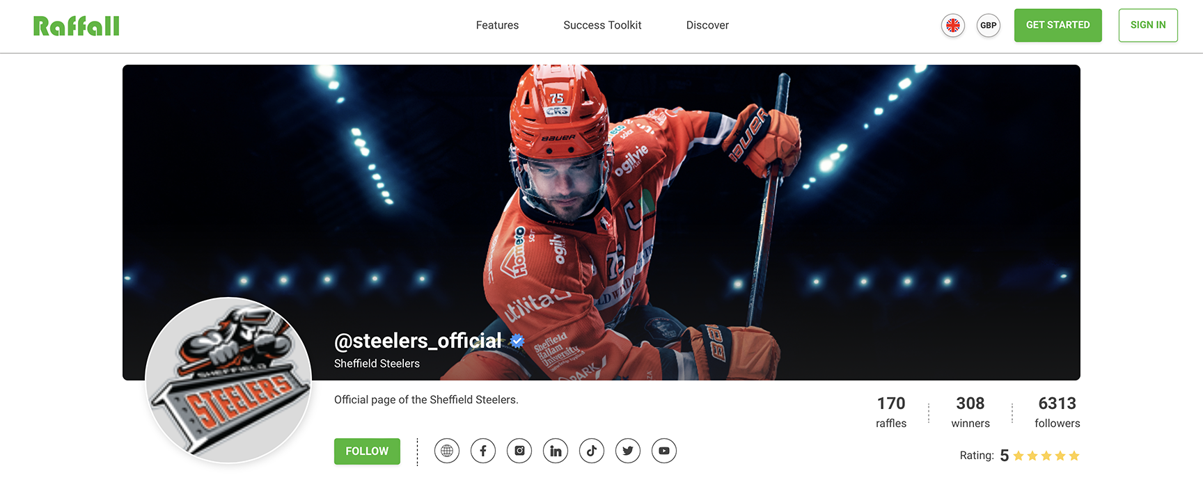 The image shows the Sheffield Steelers ice hockey team's Raffall profile