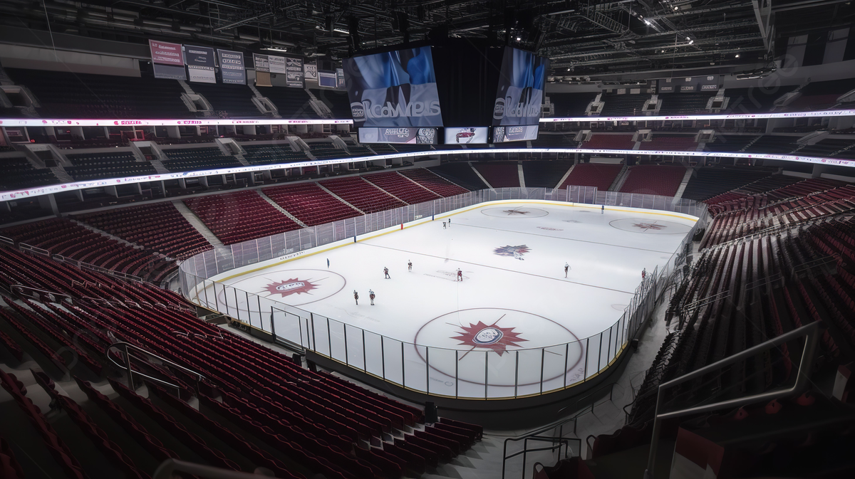 The image shows an empty ice hockey stadium due to lockdown restrictions during covid