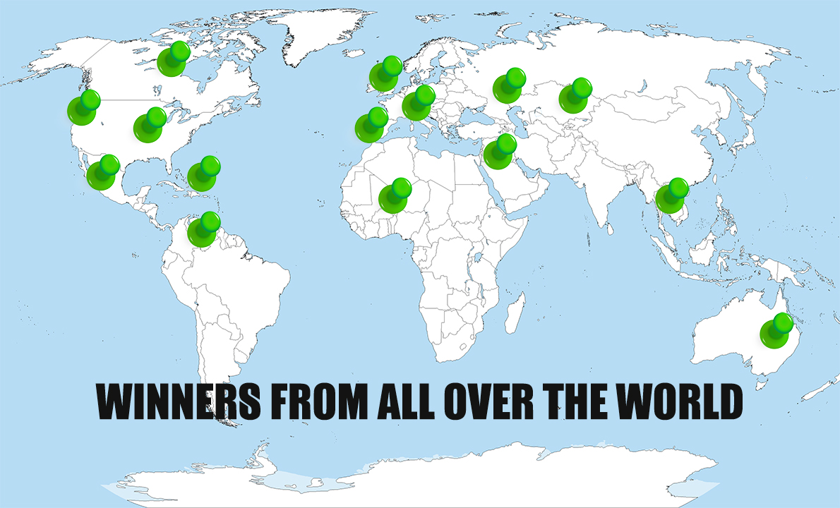 Image of a world map displaying the geographic locations of raffle winners from CRM Jewelers.